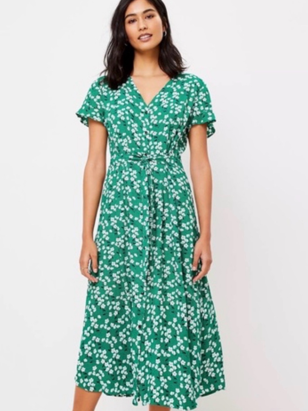 LOFT Green Floral Wrap Midi Dress